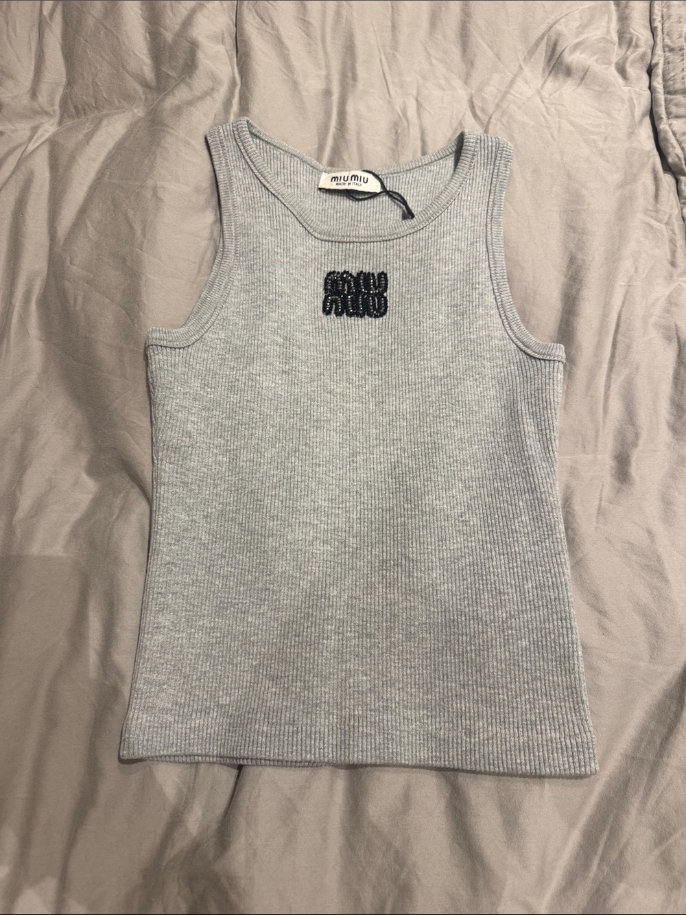 Miu Miu Light Gray Ribbed Tank Top with Black Logo